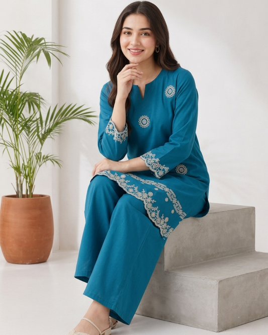 Ocean Blue Embroidered Co-Ord Set – Elegant 2 Piece Pret Wear