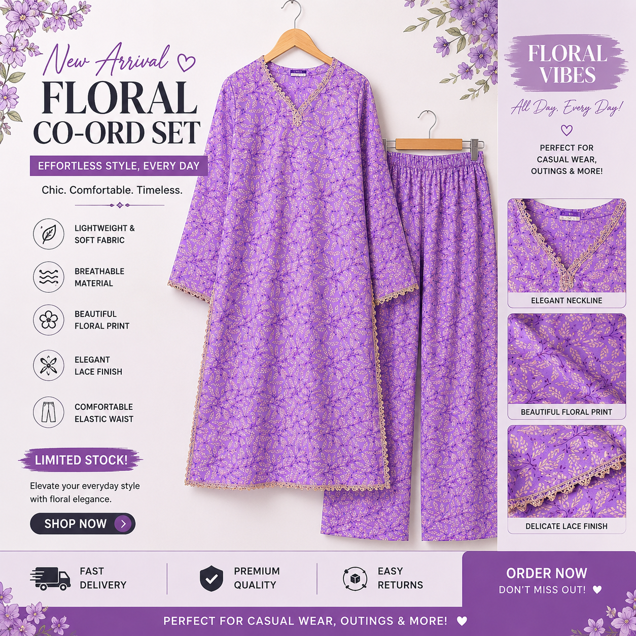 Lavender Bloom Floral Co-Ord Set – 2 Piece Premium Casual Wear