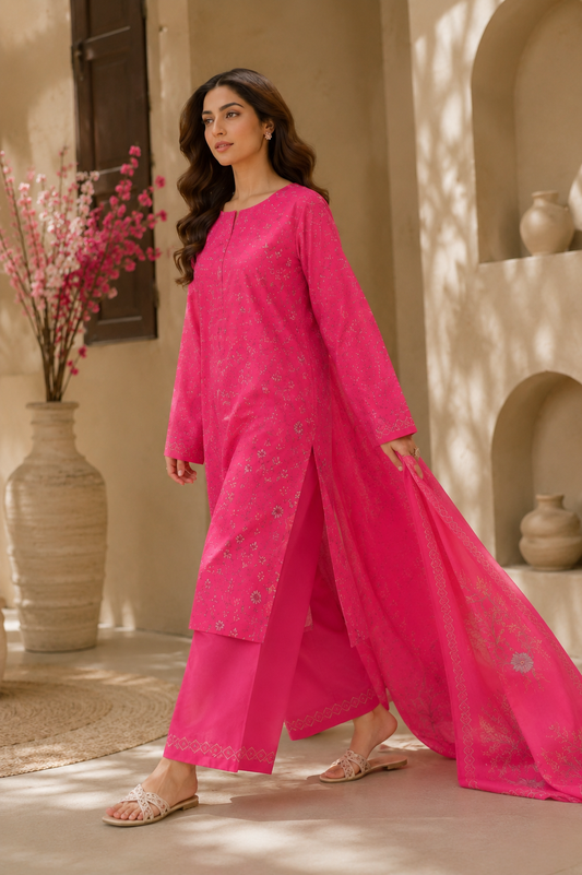 Fuchsia Bloom  Printed Long Shirt 3 pieces