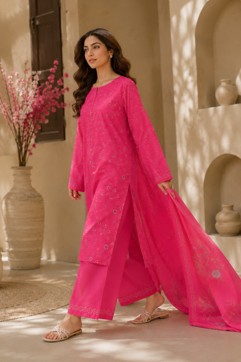Fuchsia Bloom  Printed Long Shirt 3 pieces