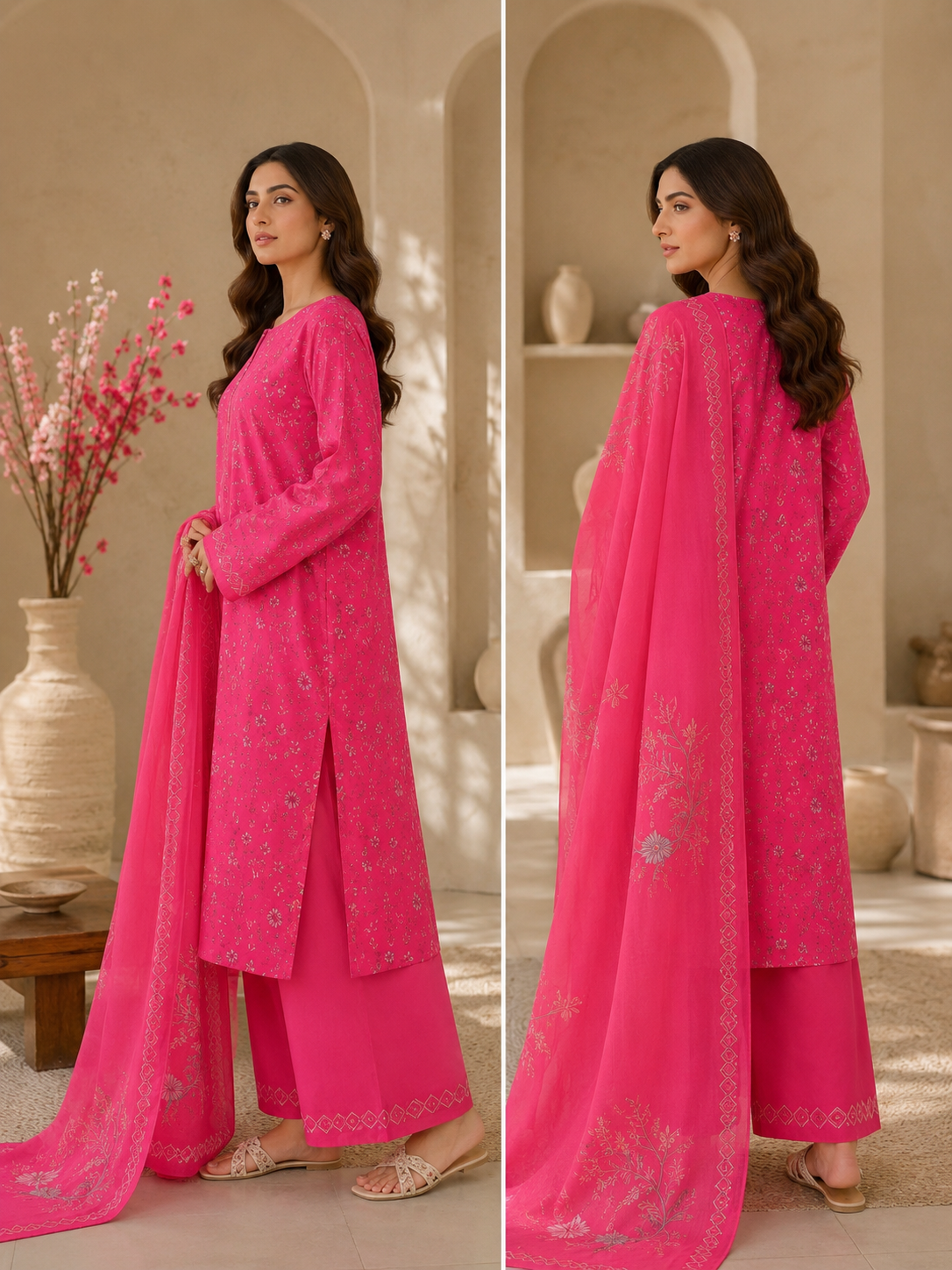 Fuchsia Bloom  Printed Long Shirt 3 pieces