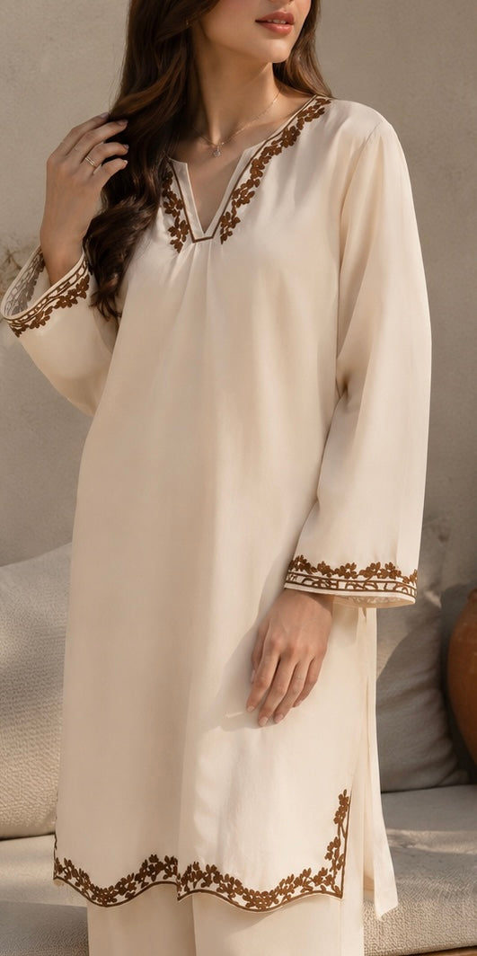 Beige Embroidered Co-Ord Set