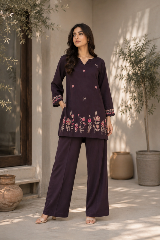 Midnight Plum Embroidered Co-Ord Set – Premium Pret Wear