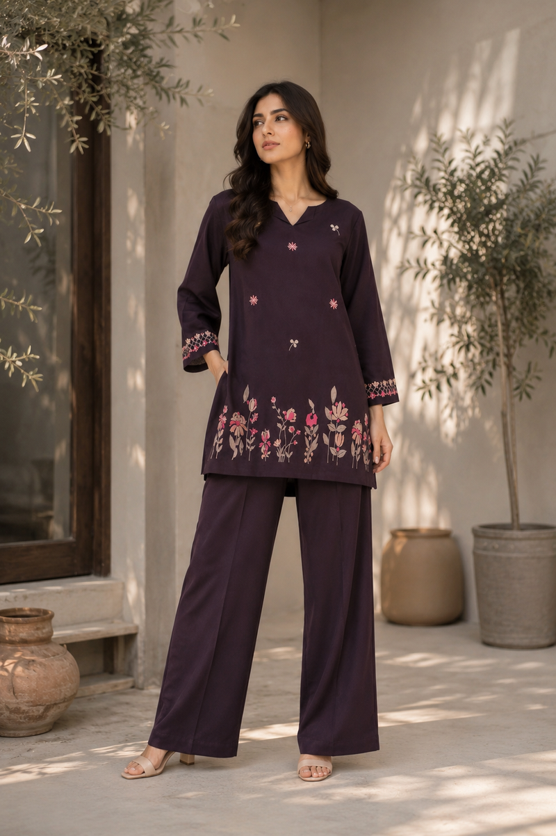 Midnight Plum Embroidered Co-Ord Set – Premium Pret Wear