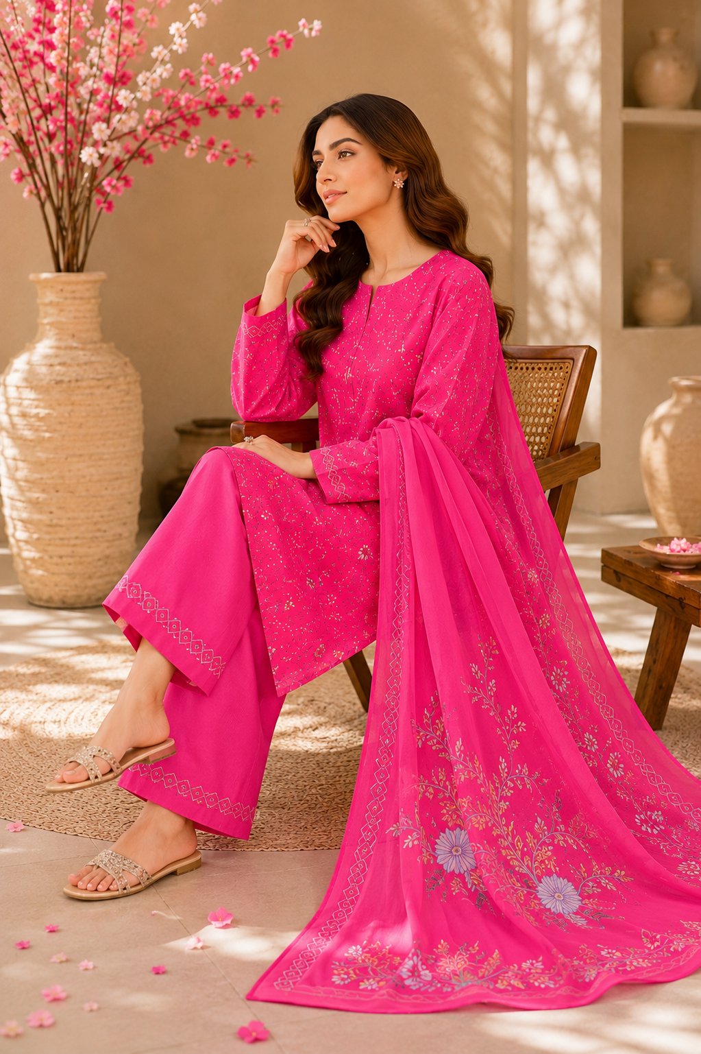 Fuchsia Bloom  Printed Long Shirt 3 pieces