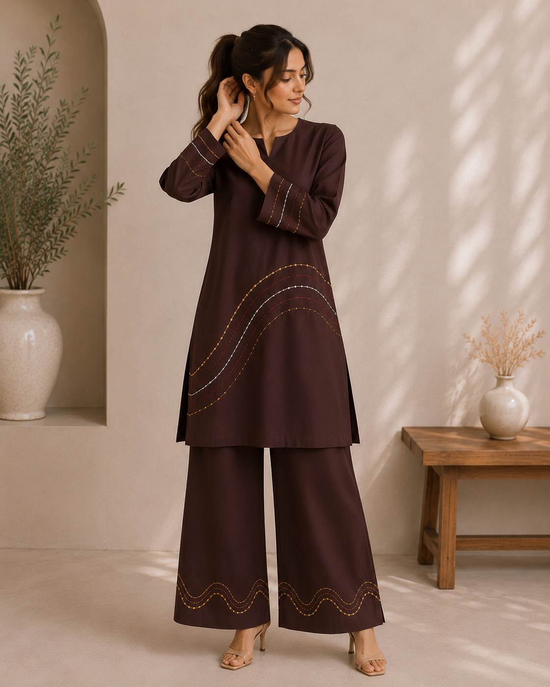 Mocha Wave Georgette Co-Ord Set