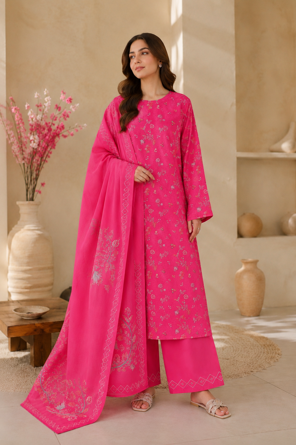 Fuchsia Bloom  Printed Long Shirt 3 pieces