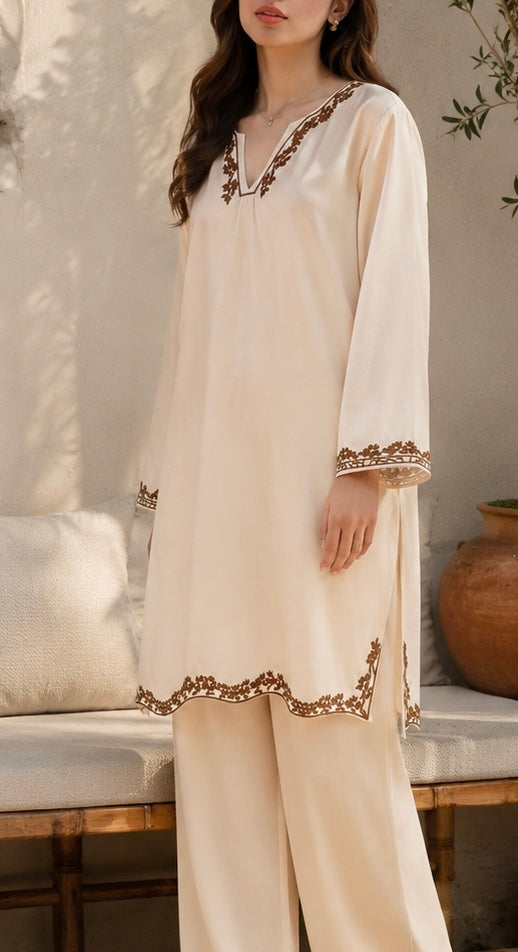 Beige Embroidered Co-Ord Set