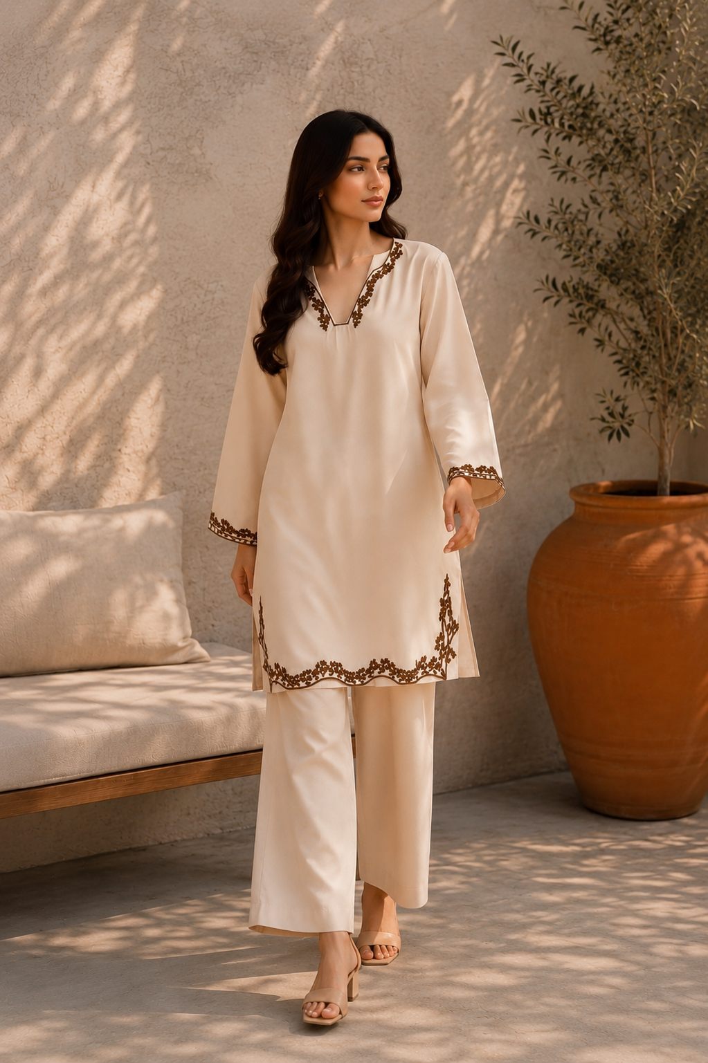Beige Embroidered Co-Ord Set