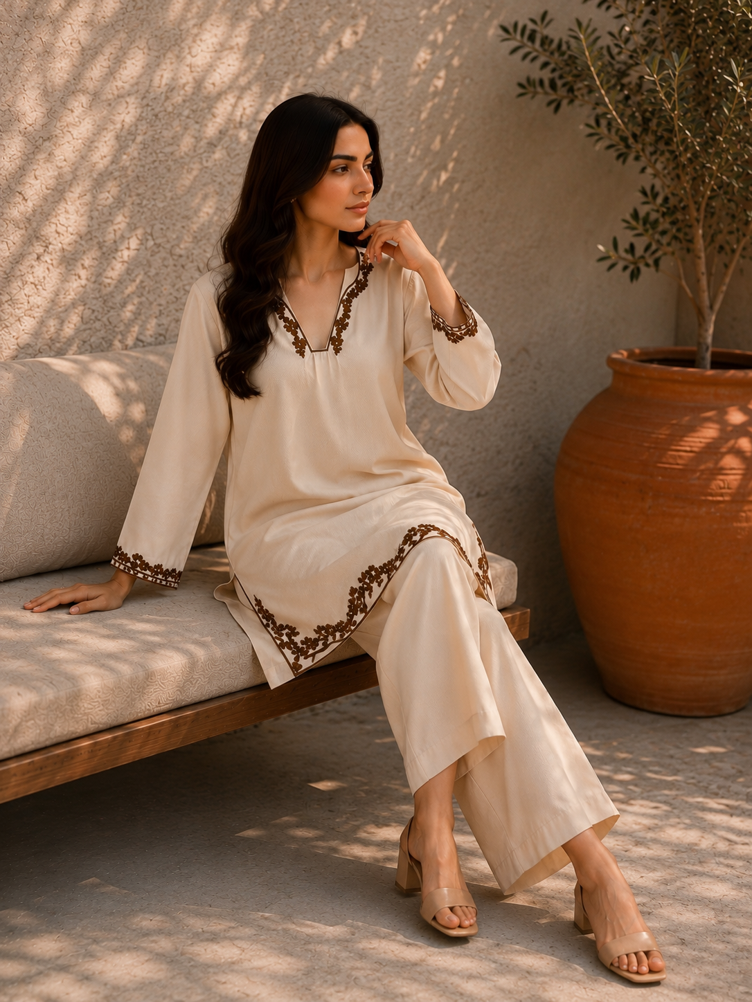 Beige Embroidered Co-Ord Set