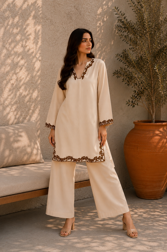 Beige Embroidered Co-Ord Set