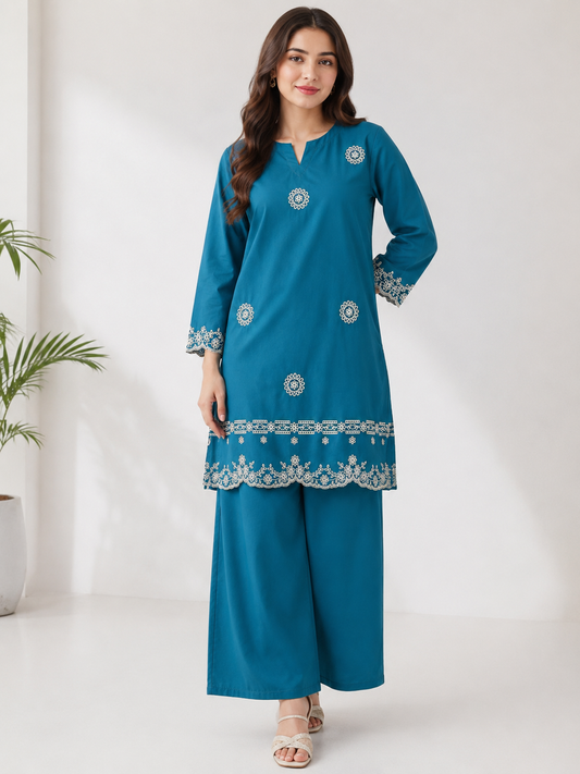 Ocean Blue Embroidered Co-Ord Set – Elegant 2 Piece Pret Wear