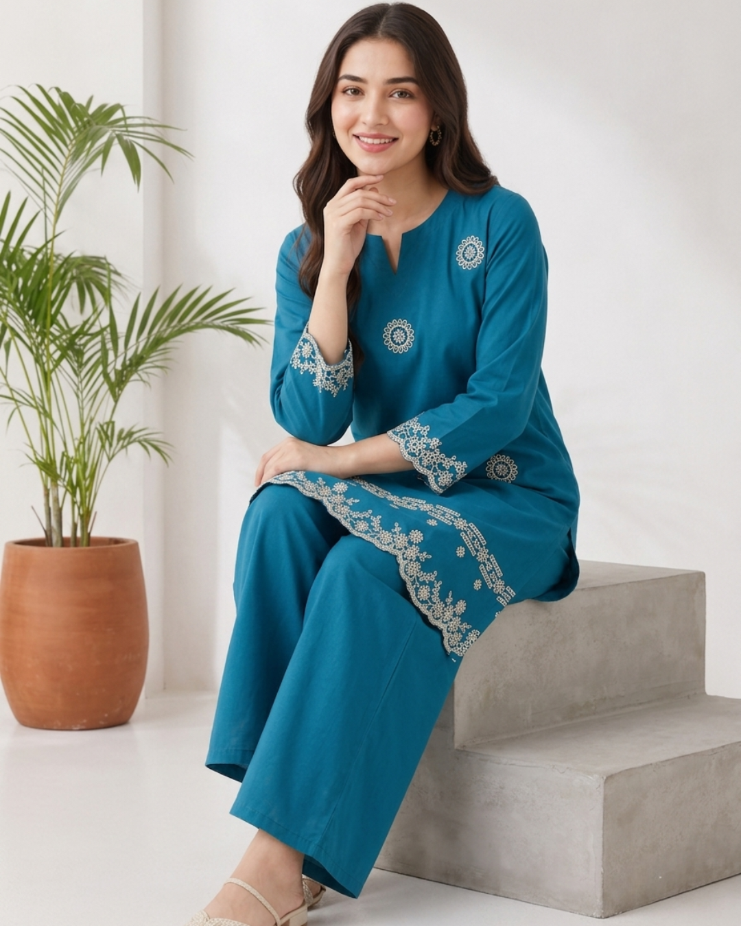Ocean Blue Embroidered Co-Ord Set – Elegant 2 Piece Pret Wear