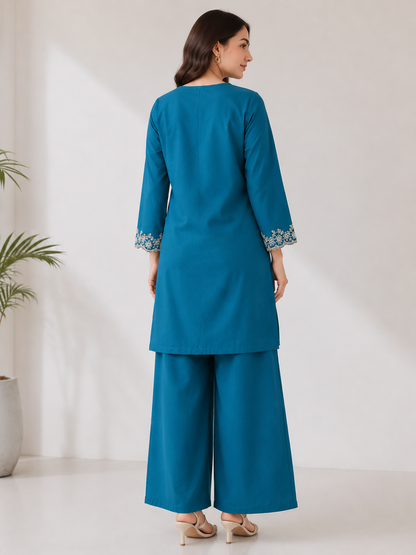 Ocean Blue Embroidered Co-Ord Set – Elegant 2 Piece Pret Wear