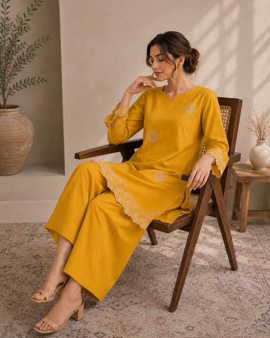 Sunshine Yellow Embroidered Co-Ord Set – Elegant 2 Piece Pret Wear
