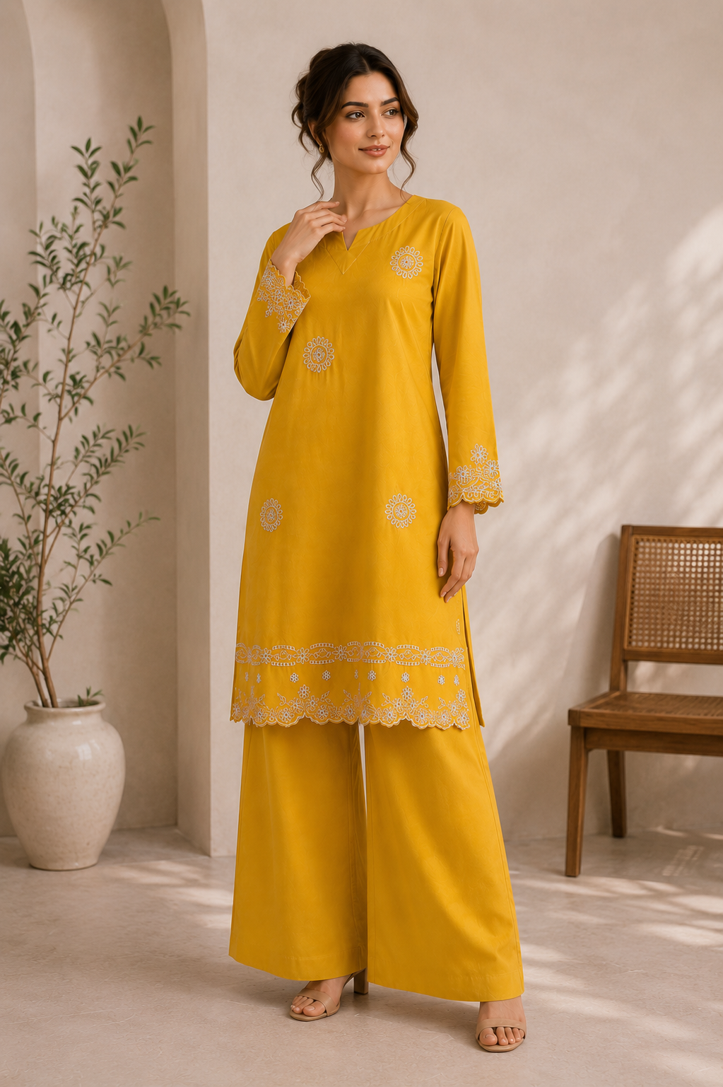 Sunshine Yellow Embroidered Co-Ord Set – Elegant 2 Piece Pret Wear