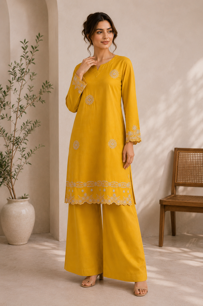 Sunshine Yellow Embroidered Co-Ord Set – Elegant 2 Piece Pret Wear